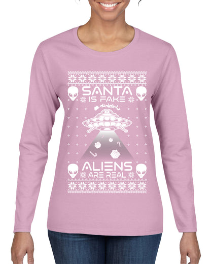 Santa Is Fake Aliens Are Real ,Christmas Gifts, Funny Xmas Gift Idea, Ugly Christmas Sweater Womens Graphic Long Sleeve T-Shirt