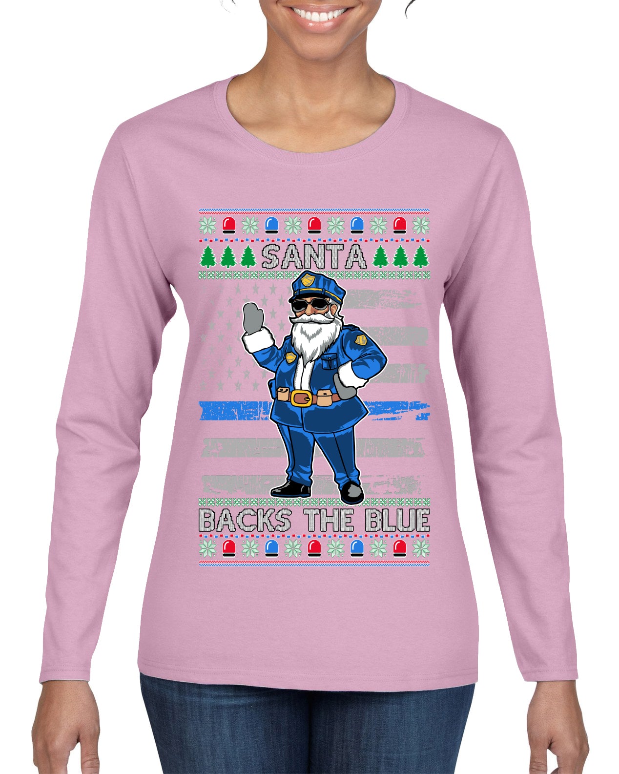Santa Backs the Blue, Christmas Gifts, Funny Xmas Gift Idea, Ugly Christmas Sweater Womens Graphic Long Sleeve T-Shirt