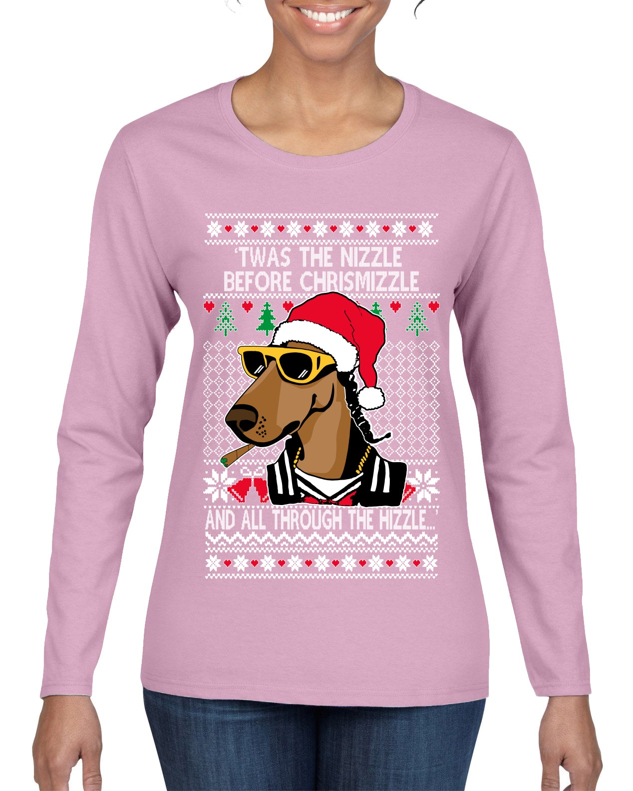 Twas The Nizzle Before Chrismizzle Gangster Dogg Rapper, Christmas Gifts, Funny Xmas Gift Idea, Ugly Christmas Sweater Womens Graphic Long Sleeve T-Shirt