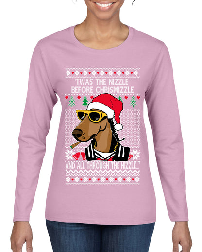 Twas The Nizzle Before Chrismizzle Gangster Dogg Rapper, Christmas Gifts, Funny Xmas Gift Idea, Ugly Christmas Sweater Womens Graphic Long Sleeve T-Shirt
