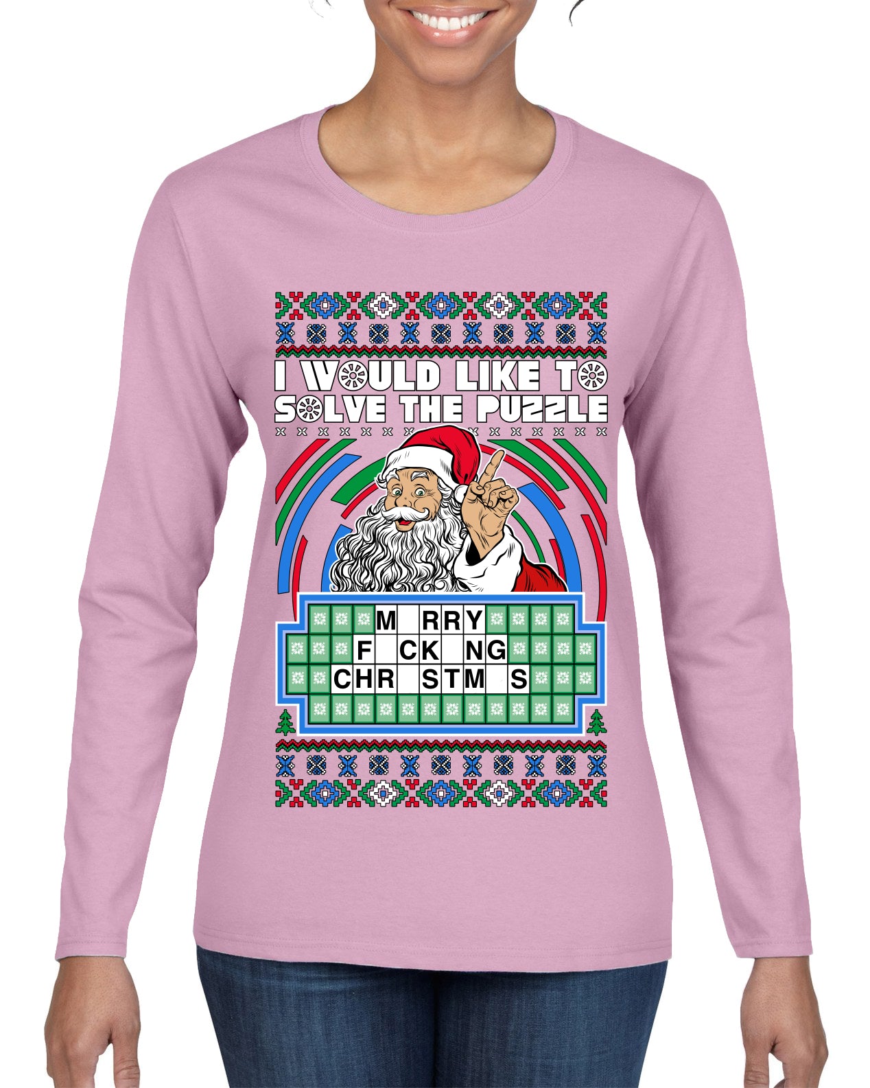 Santa Game Show I'd Like To Solve the Puzzle Wheel Ugly Christmas Sweater, Christmas Gifts, Funny Xmas Gift Idea, Womens Graphic Long Sleeve T-Shirt