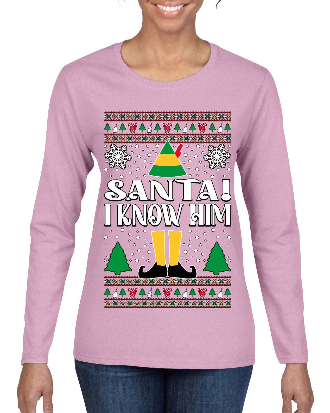 Santa! I Know Him Christmas Movie Quote , Christmas Gifts, Funny Xmas Gift Idea, Ugly Christmas Sweater Womens Graphic Long Sleeve T-Shirt
