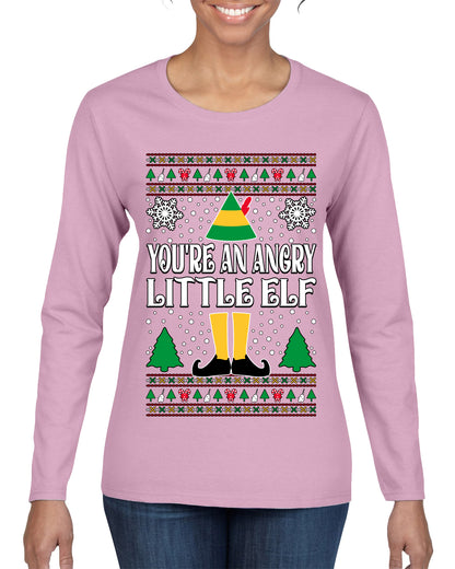 You're An Angry Little Elf Christmas Movie Quote, Christmas Gifts, Funny Xmas Gift Idea, Ugly Christmas Sweater Womens Graphic Long Sleeve T-Shirt