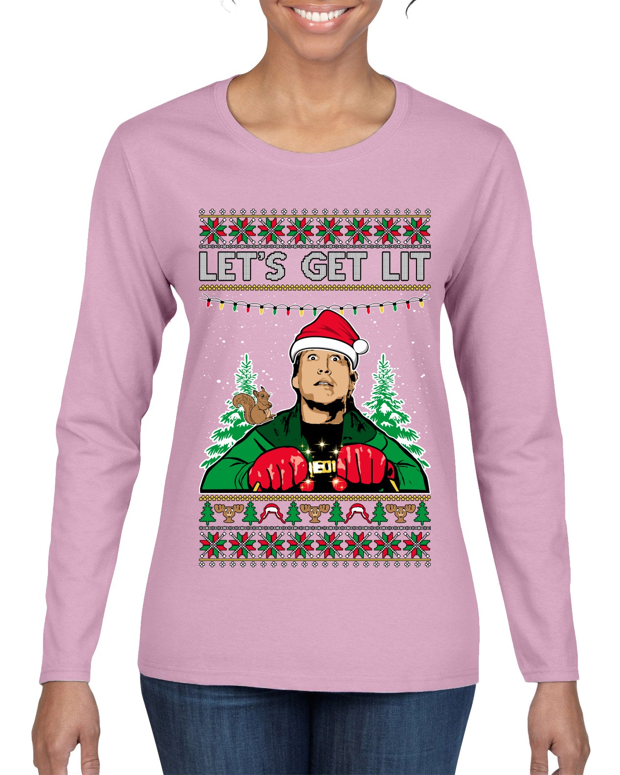Let's Get Lit Clark Vacation Movie Parody Ugly Christmas Sweater, Christmas Gifts, Funny Xmas Gift Idea, Womens Graphic Long Sleeve T-Shirt