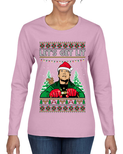 Let's Get Lit Clark Vacation Movie Parody Ugly Christmas Sweater, Christmas Gifts, Funny Xmas Gift Idea, Womens Graphic Long Sleeve T-Shirt