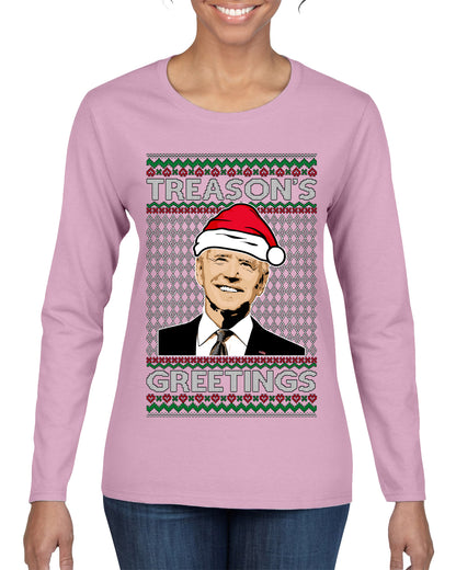 Treason's Greetings Biden President Humor Ugly Christmas Sweater, Christmas Gifts, Funny Xmas Gift Idea, Womens Graphic Long Sleeve T-Shirt