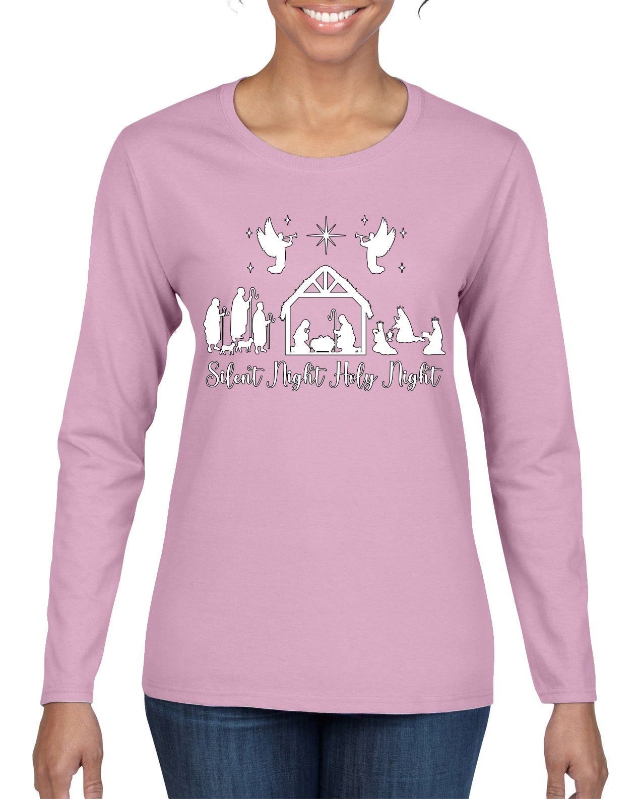 Silent Night Holy Night Religious Jesus Ugly Christmas Sweater, Christmas Gifts, Funny Xmas Gift Idea, Womens Graphic Long Sleeve T-Shirt