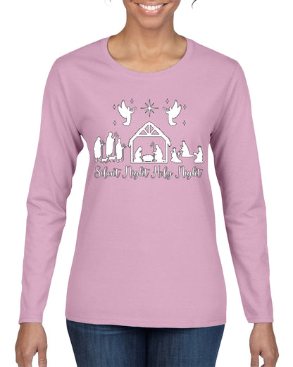 Silent Night Holy Night Religious Jesus Ugly Christmas Sweater, Christmas Gifts, Funny Xmas Gift Idea, Womens Graphic Long Sleeve T-Shirt