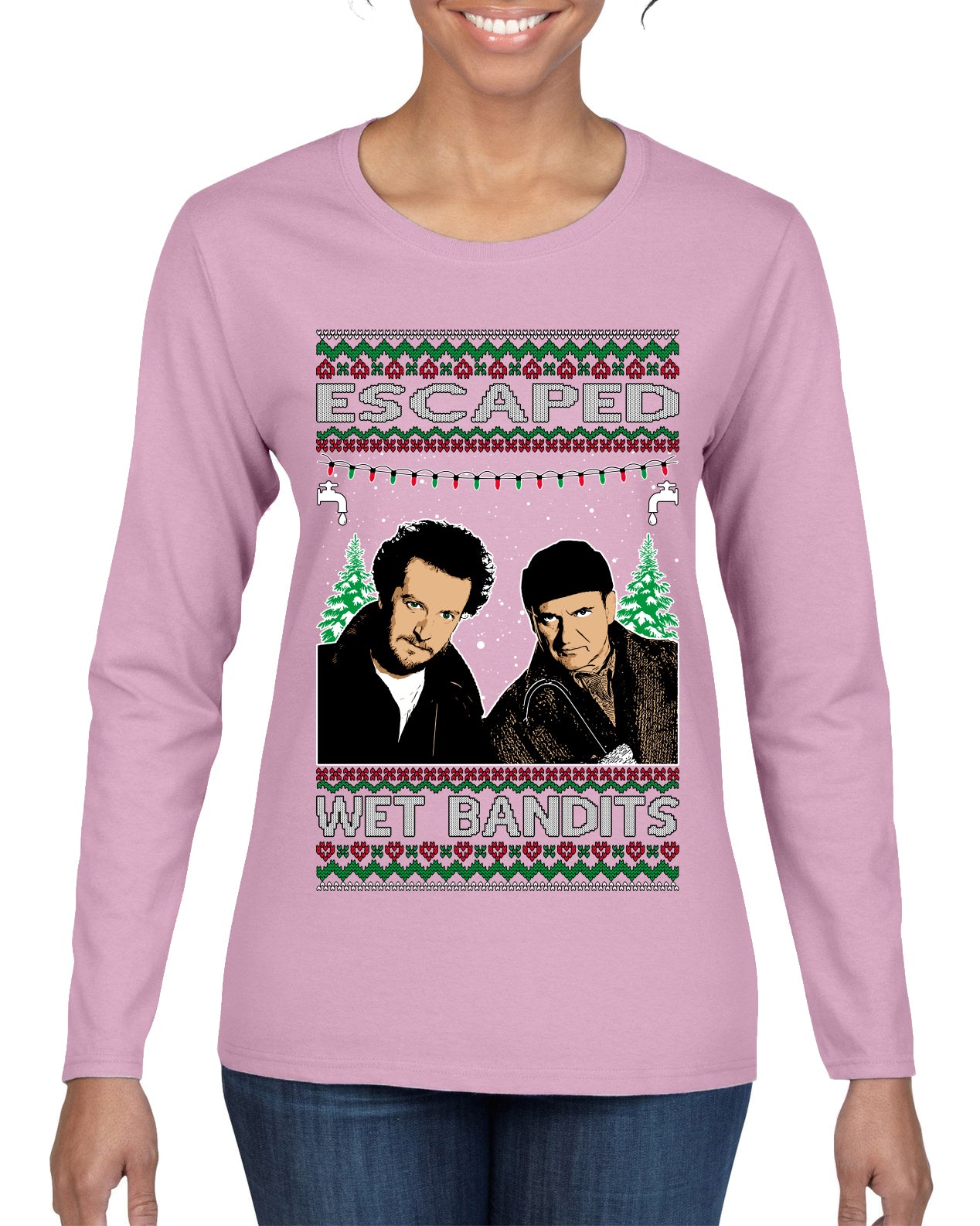 Escaped Bandits Classic Home Holiday Movie, Christmas Gifts, Funny Xmas Gift Idea, Ugly Christmas Sweater Womens Graphic Long Sleeve T-Shirt
