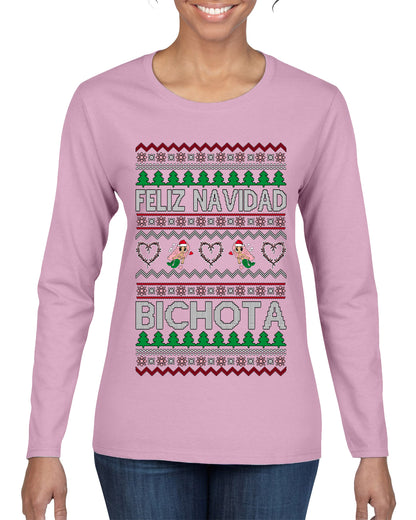 Feliz Navidad Bichota, Christmas Gifts, Funny Xmas Gift Idea, Ugly Christmas Sweater Womens Graphic Long Sleeve T-Shirt