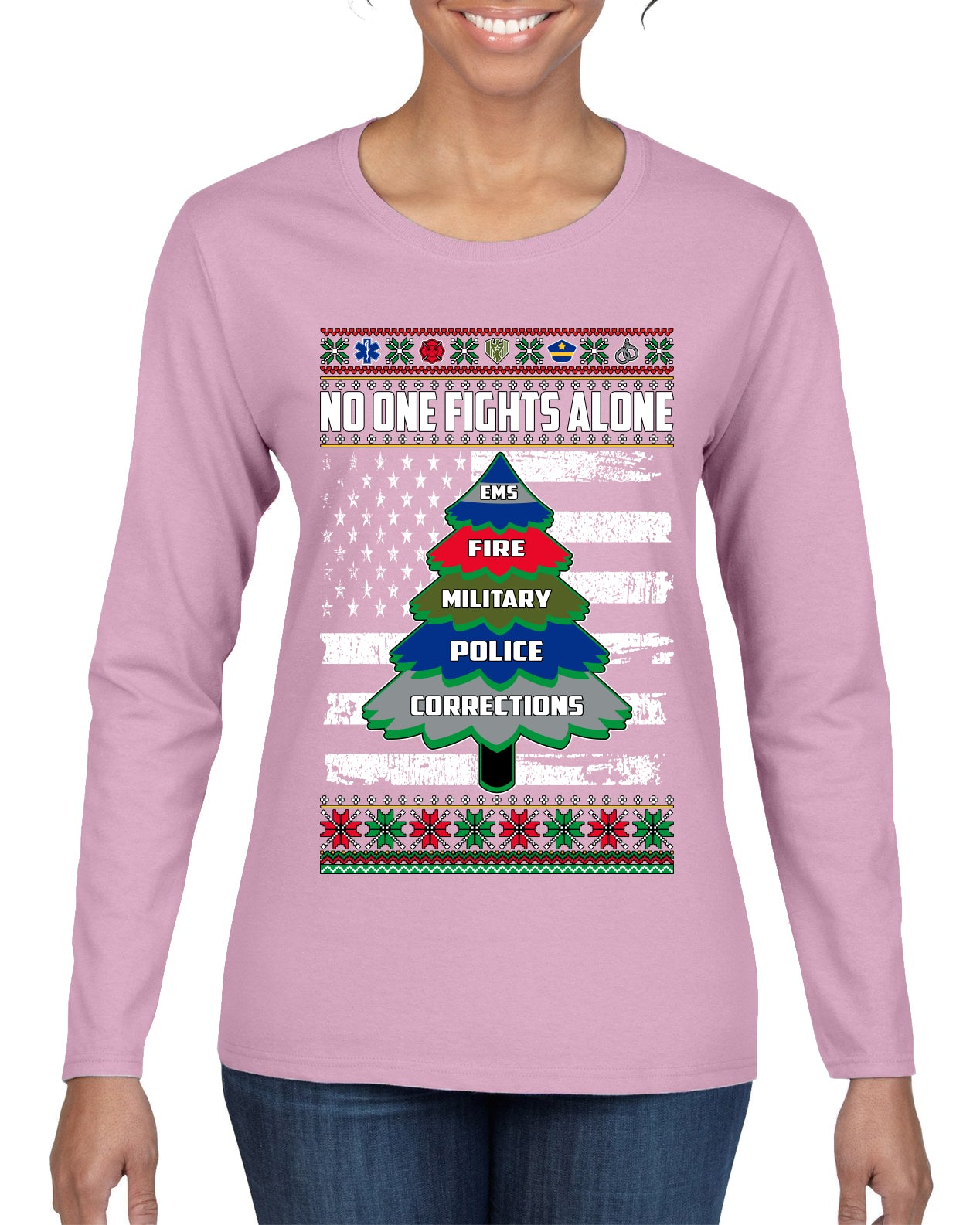 No One Fights Alone, The Heroes,  Christmas Gifts, Funny Xmas Gift Idea, Ugly Christmas Sweater Womens Graphic Long Sleeve T-Shirt