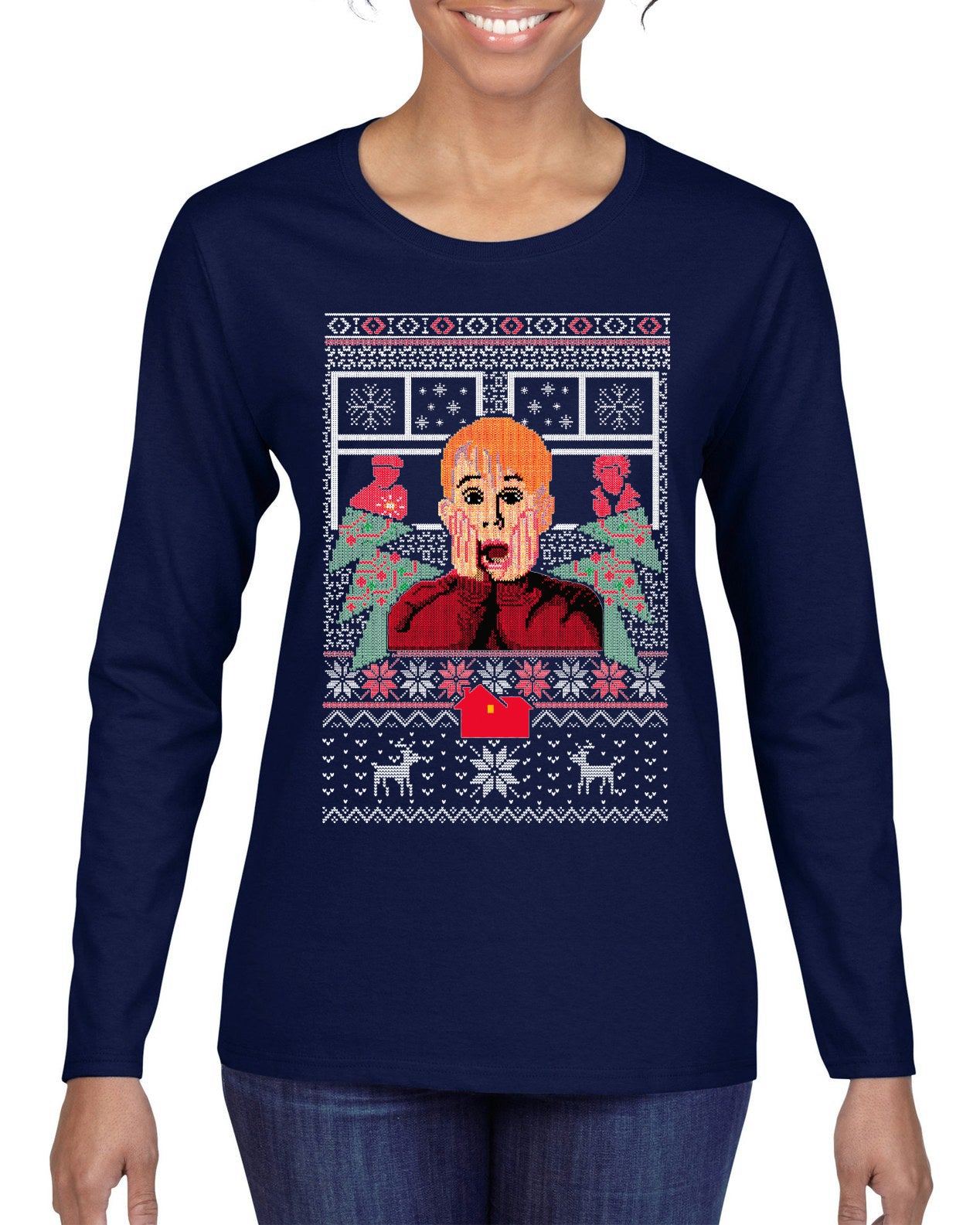 Kevin Merry Xmas Movie Fan, Christmas Gifts, Funny Xmas Gift Idea, Ugly Christmas Sweater Womens Graphic Long Sleeve T-Shirt