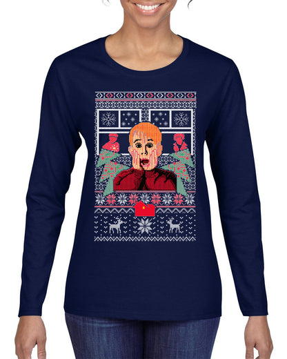 Kevin Merry Xmas Movie Fan, Christmas Gifts, Funny Xmas Gift Idea, Ugly Christmas Sweater Womens Graphic Long Sleeve T-Shirt