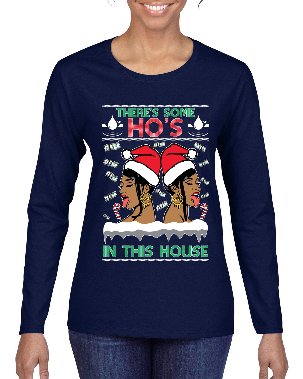 Woman Rapper Ho's In This House, Christmas Gifts, Funny Xmas Gift Idea, Ugly Christmas Sweater Womens Graphic Long Sleeve T-Shirt
