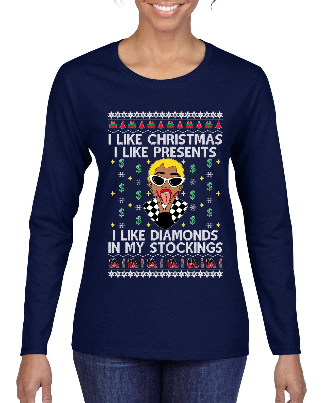 I Like Christmas, I like Presents Cardi, Christmas Gifts, Funny Xmas Gift Idea, Ugly Christmas Sweater Womens Graphic Long Sleeve T-Shirt