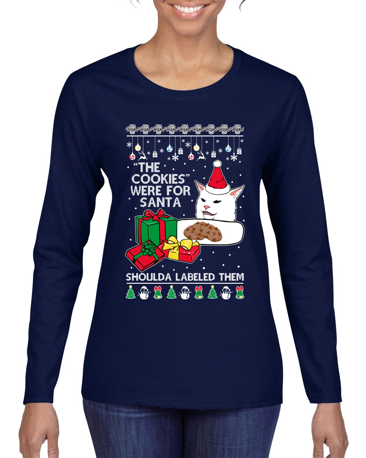 Cat Meme The Cookies Were For Santa Cute Xmas Meme, Christmas Gifts, Funny Xmas Gift Idea, Ugly Christmas Sweater Womens Graphic Long Sleeve T-Shirt