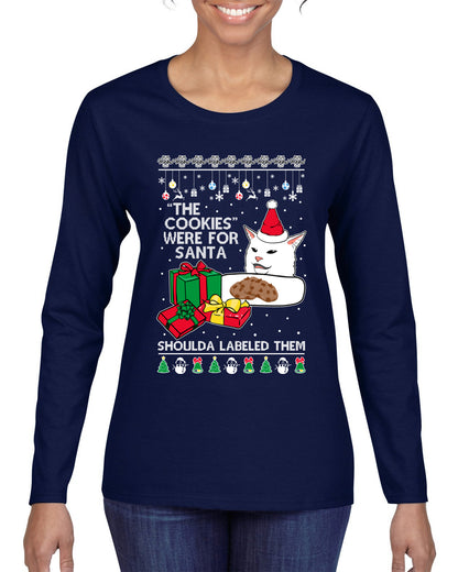 Cat Meme The Cookies Were For Santa Cute Xmas Meme, Christmas Gifts, Funny Xmas Gift Idea, Ugly Christmas Sweater Womens Graphic Long Sleeve T-Shirt