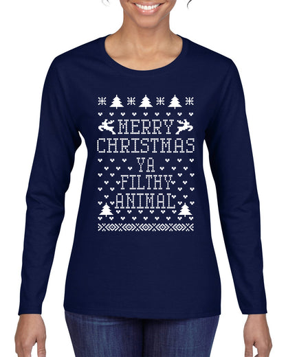 Merry Xmas You Filthy Animal, Christmas Gifts, Funny Xmas Gift Idea, Ugly Christmas Sweater Womens Graphic Long Sleeve T-Shirt