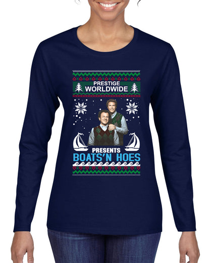 Prestige Worldwide Boats N' Hoes Step Brothers, Christmas Gifts, Funny Xmas Gift Idea, Ugly Christmas Sweater Womens Graphic Long Sleeve T-Shirt
