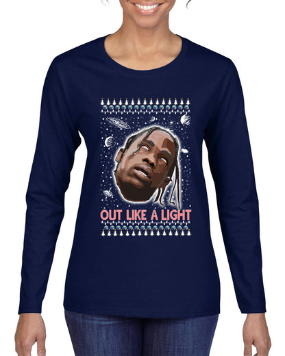 Out Like a Light, Christmas Gifts, Funny Xmas Gift Idea, Ugly Christmas Sweater Womens Graphic Long Sleeve T-Shirt