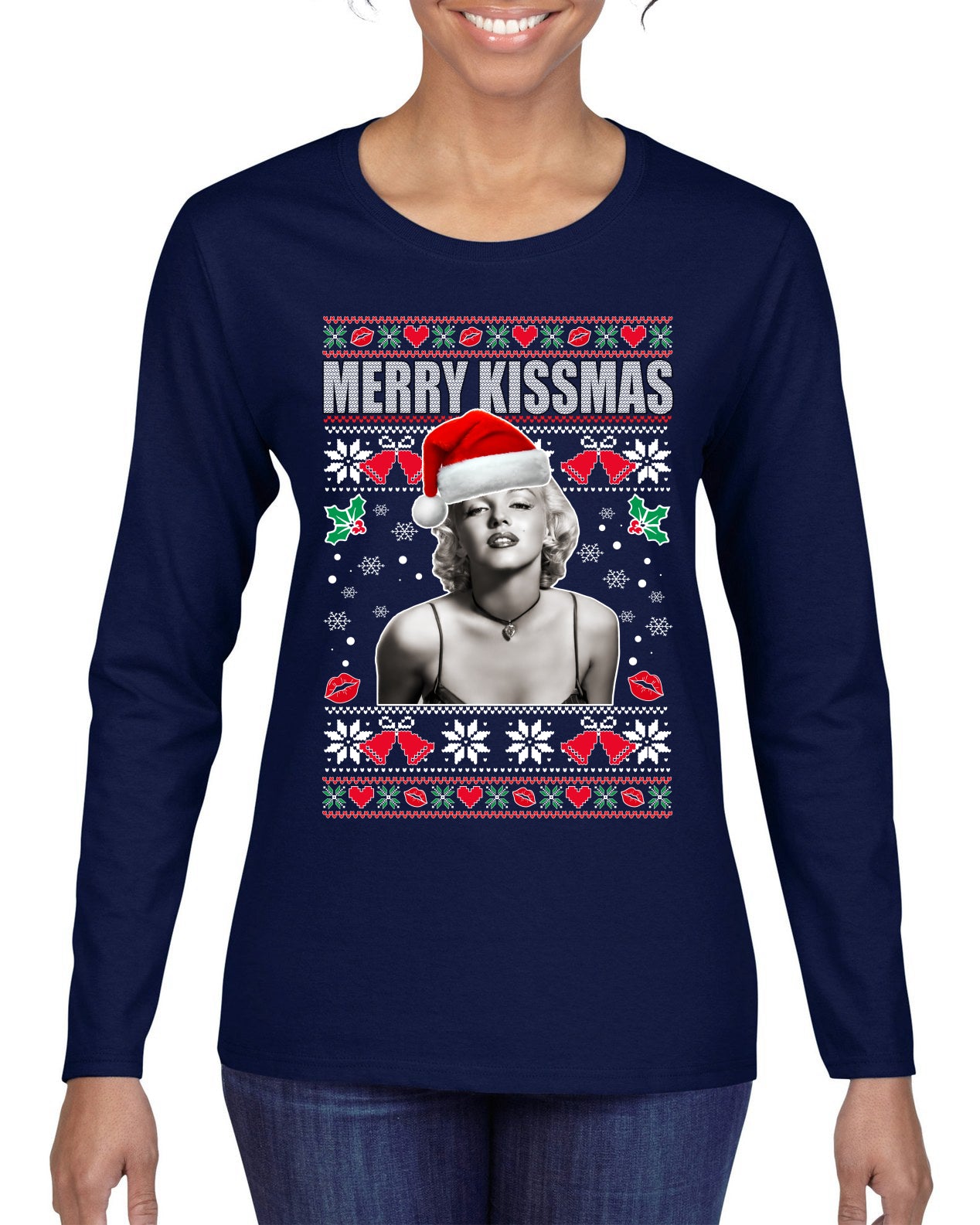 Merry Kissmas Marilyn Monroe, Christmas Gifts, Funny Xmas Gift Idea, Ugly Christmas Sweater Womens Graphic Long Sleeve T-Shirt