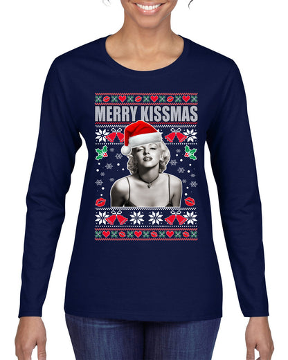 Merry Kissmas Marilyn Monroe, Christmas Gifts, Funny Xmas Gift Idea, Ugly Christmas Sweater Womens Graphic Long Sleeve T-Shirt