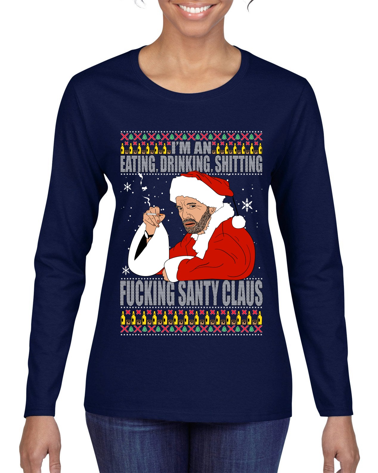 Bad Santa Fucking Santy Claus, Christmas Gifts, Funny Xmas Gift Idea, Ugly Christmas Sweater Womens Graphic Long Sleeve T-Shirt