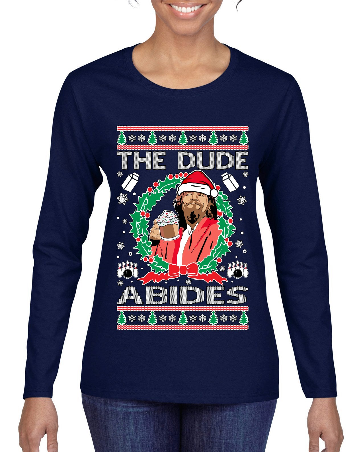 Big Lebowski - The Dude Abides, Christmas Gifts, Funny Xmas Gift Idea, Ugly Christmas Sweater Womens Graphic Long Sleeve T-Shirt