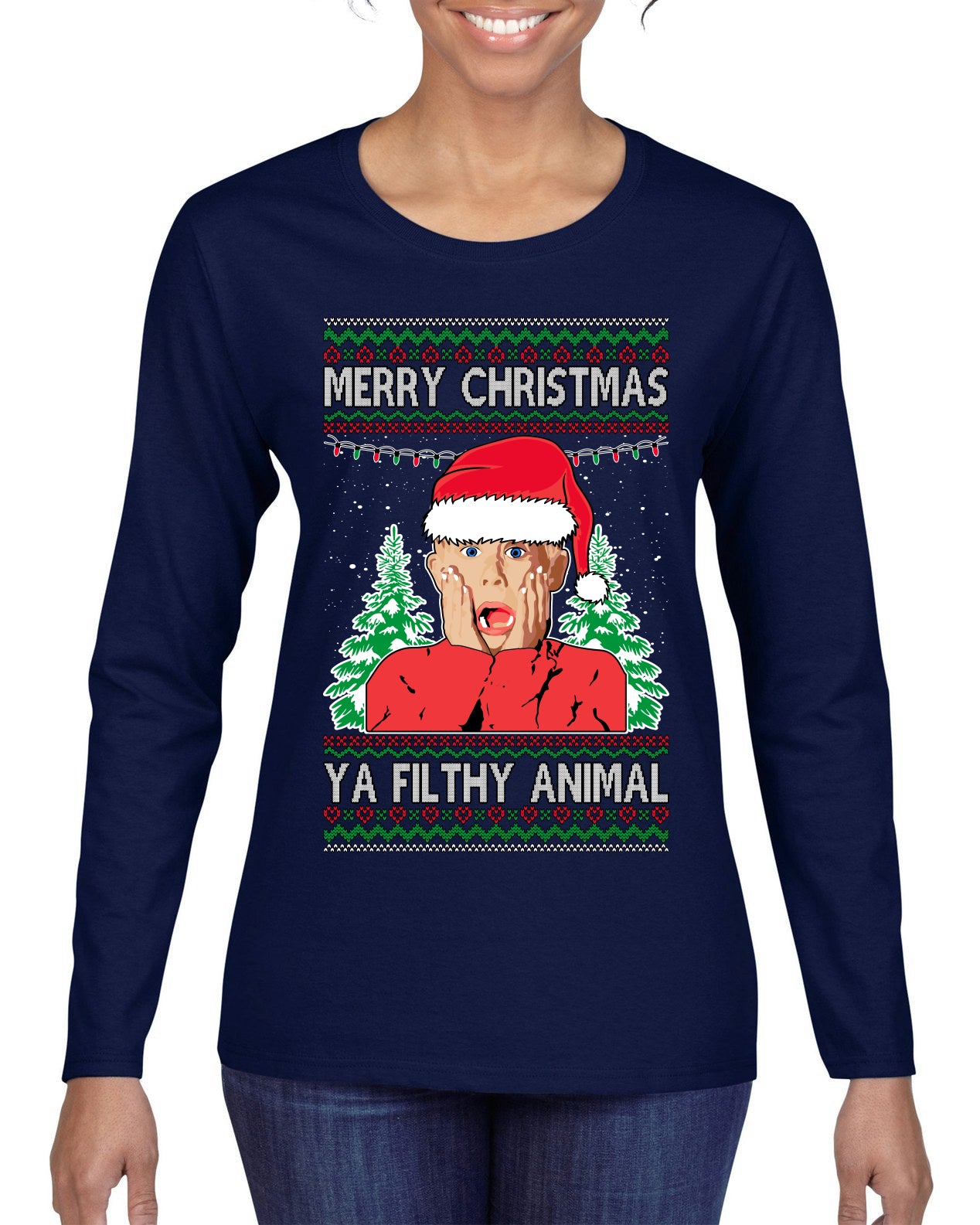 Filthy Animal Christmas Sweatshirt Kevin Movie Christmas Sweater, Ugly Christmas Sweater Unisex Crewneck Sweatshirt Ugly Christmas Sweater Womens Graphic Long Sleeve T-Shirt