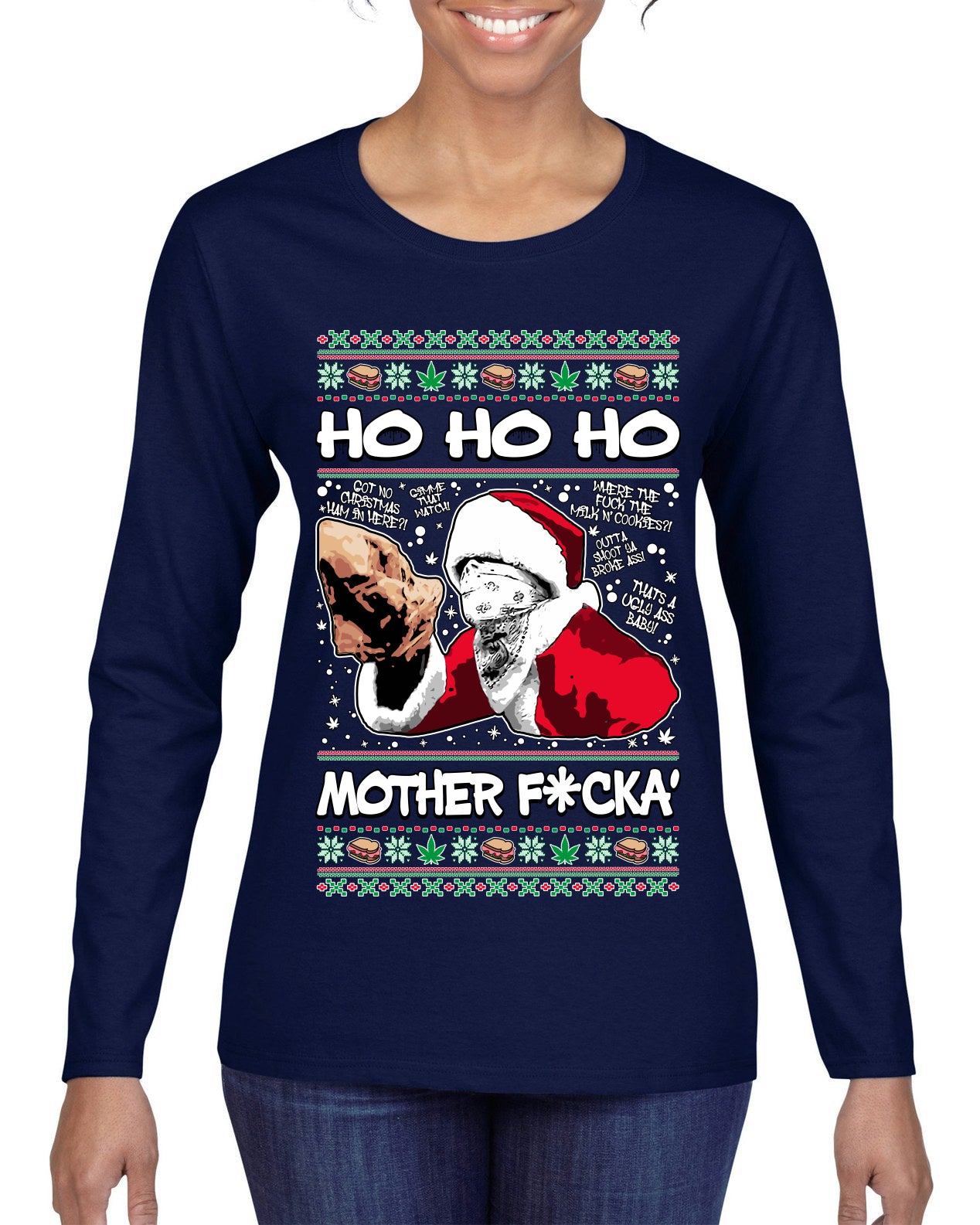 Friday Hood Santa , Merry Christmas Tee, Ugly Christmas,  Sweater Womens Graphic Long Sleeve T-Shirt