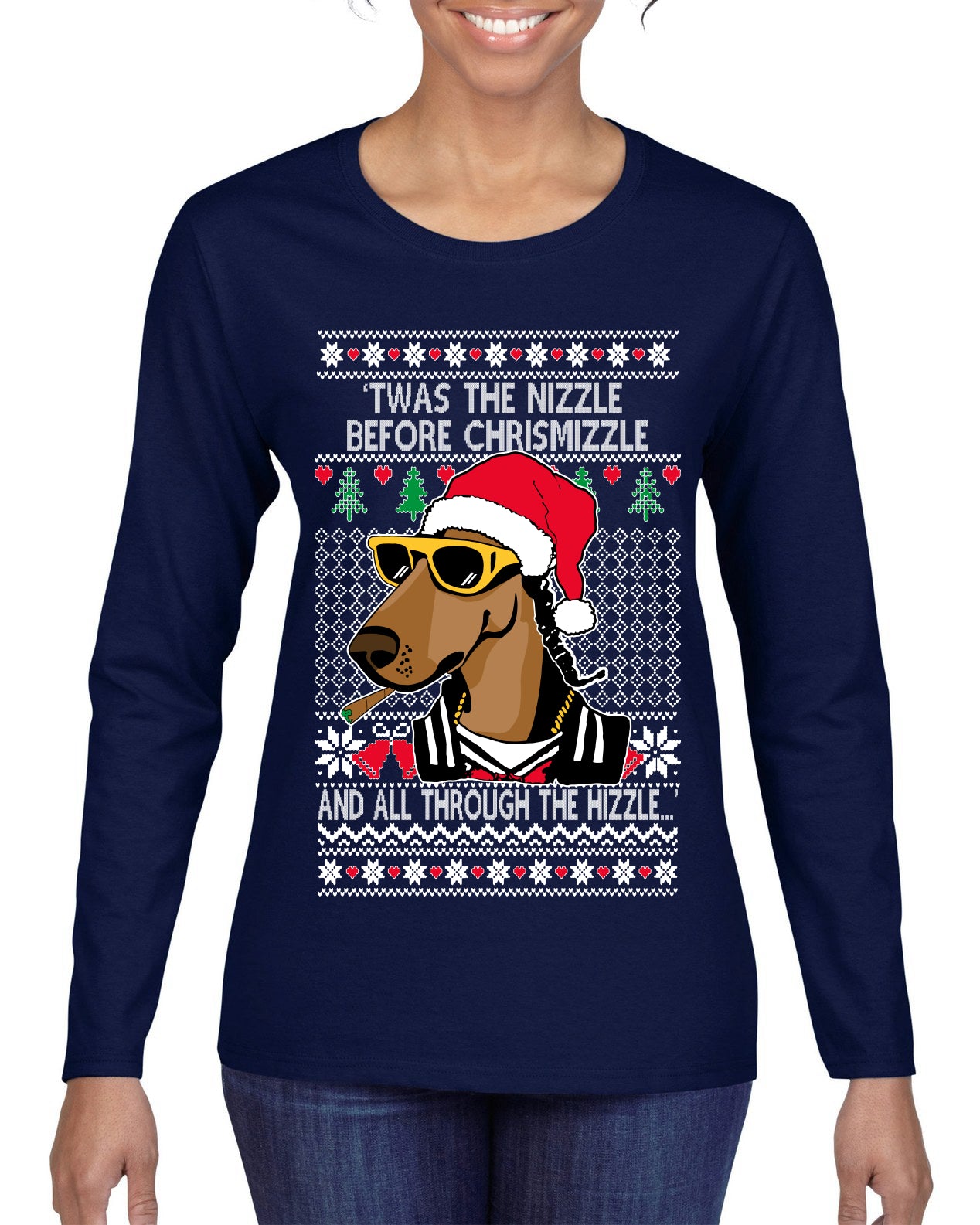 Twas The Nizzle Before Chrismizzle Gangster Dogg Rapper, Christmas Gifts, Funny Xmas Gift Idea, Ugly Christmas Sweater Womens Graphic Long Sleeve T-Shirt