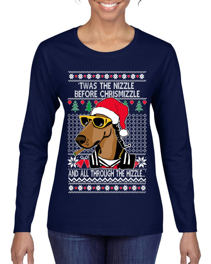 Twas The Nizzle Before Chrismizzle Gangster Dogg Rapper, Christmas Gifts, Funny Xmas Gift Idea, Ugly Christmas Sweater Womens Graphic Long Sleeve T-Shirt