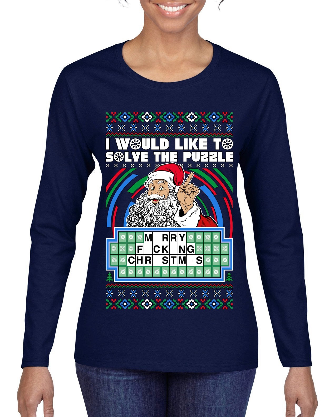 Santa Game Show I'd Like To Solve the Puzzle Wheel Ugly Christmas Sweater, Christmas Gifts, Funny Xmas Gift Idea, Womens Graphic Long Sleeve T-Shirt