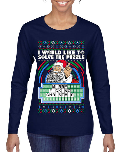 Santa Game Show I'd Like To Solve the Puzzle Wheel Ugly Christmas Sweater, Christmas Gifts, Funny Xmas Gift Idea, Womens Graphic Long Sleeve T-Shirt