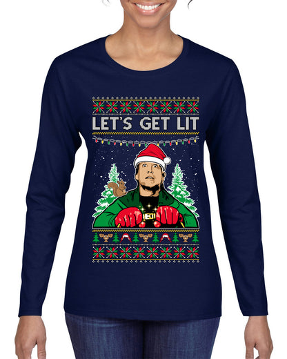 Let's Get Lit Clark Vacation Movie Parody Ugly Christmas Sweater, Christmas Gifts, Funny Xmas Gift Idea, Womens Graphic Long Sleeve T-Shirt
