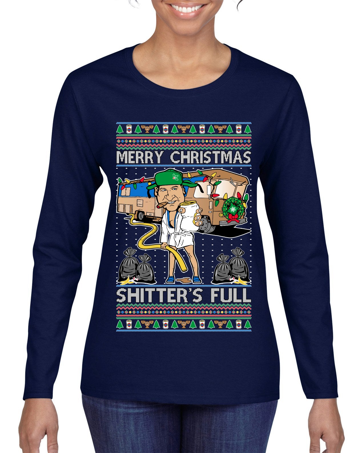 Merry Christmas Shitter's Full Ugly Christmas Sweater, Christmas Gifts, Funny Xmas Gift Idea, Womens Graphic Long Sleeve T-Shirt