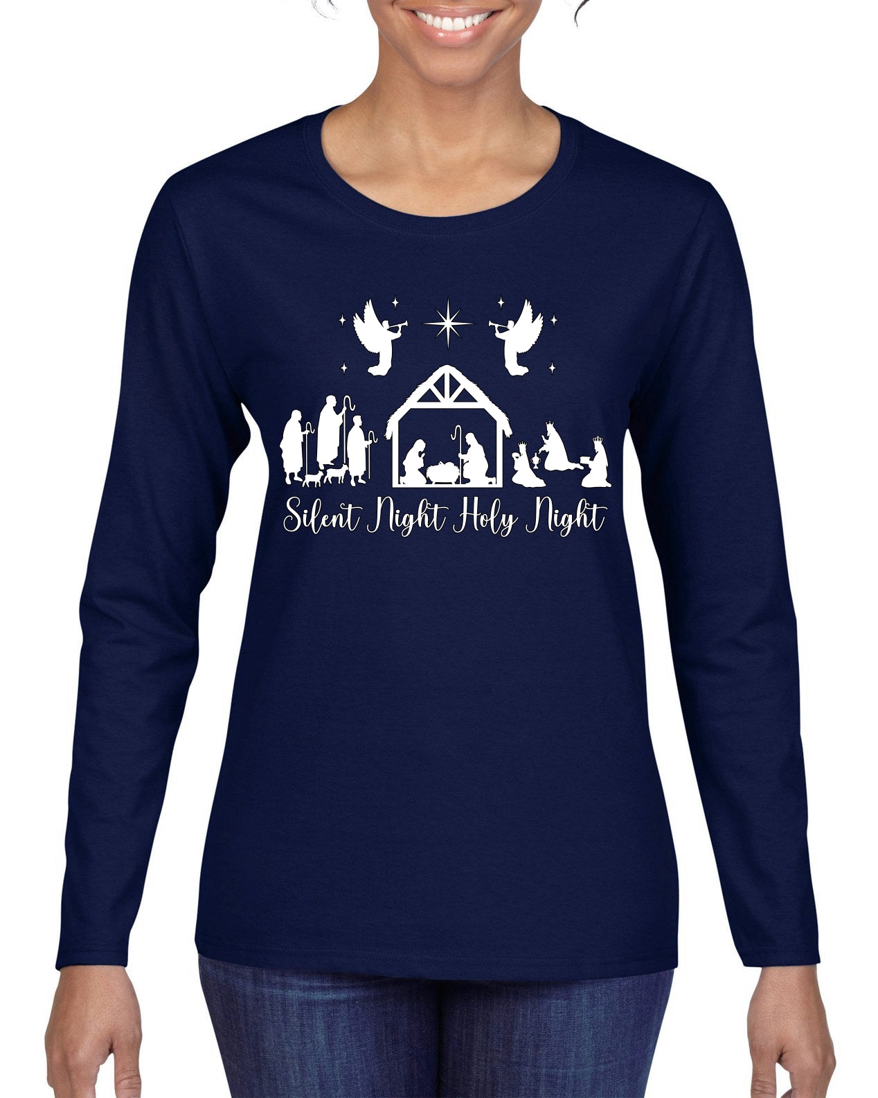 Silent Night Holy Night Religious Jesus Ugly Christmas Sweater, Christmas Gifts, Funny Xmas Gift Idea, Womens Graphic Long Sleeve T-Shirt