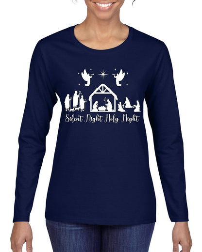 Silent Night Holy Night Religious Jesus Ugly Christmas Sweater, Christmas Gifts, Funny Xmas Gift Idea, Womens Graphic Long Sleeve T-Shirt