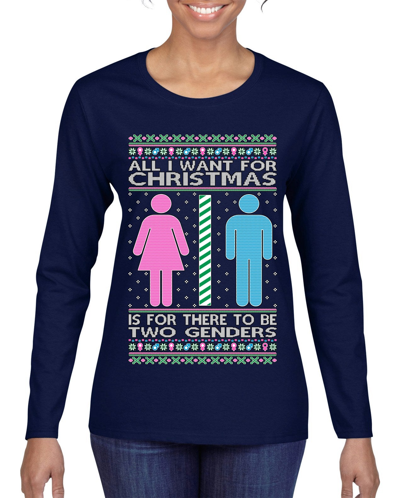 Two Genders For Christmas is All I Want, Christmas Gifts, Funny Xmas Gift Idea Ugly Christmas Sweater Womens Graphic Long Sleeve T-Shirt