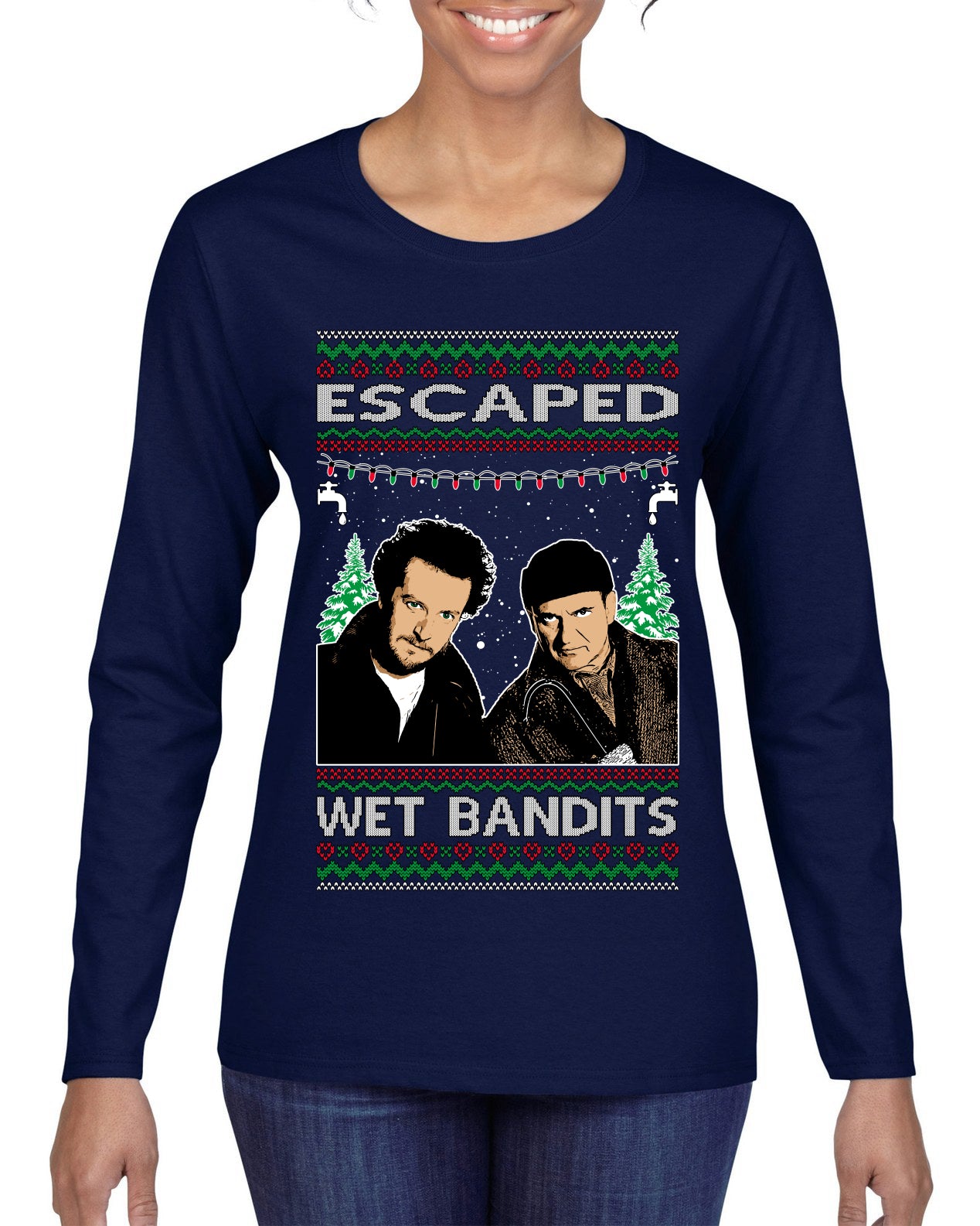 Escaped Bandits Classic Home Holiday Movie, Christmas Gifts, Funny Xmas Gift Idea, Ugly Christmas Sweater Womens Graphic Long Sleeve T-Shirt