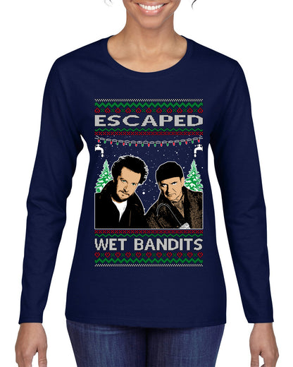 Escaped Bandits Classic Home Holiday Movie, Christmas Gifts, Funny Xmas Gift Idea, Ugly Christmas Sweater Womens Graphic Long Sleeve T-Shirt