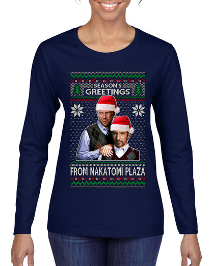 Nakatomi Plaza  Season's Greeting,  Christmas Gifts, Funny Xmas Gift Idea, Ugly Christmas Sweater Womens Graphic Long Sleeve T-Shirt