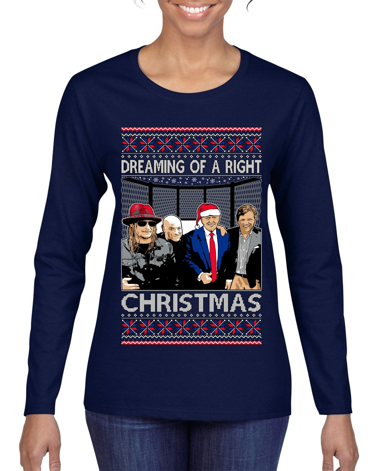 Dreaming Of A Right Christmas, Trump 2024 ,  , Christmas Gifts, Funny Xmas Gift Idea, Ugly Christmas Sweater Womens Graphic Long Sleeve T-Shirt
