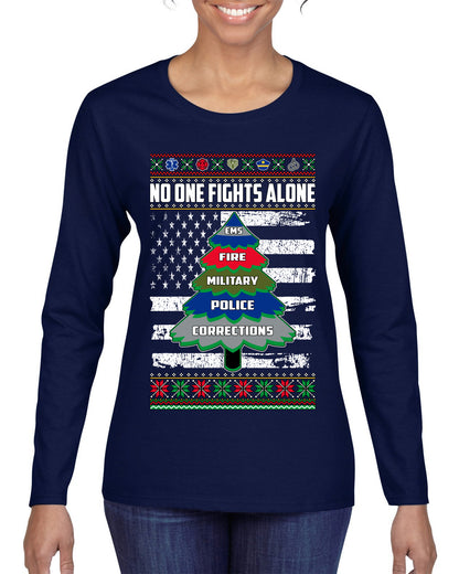 No One Fights Alone, The Heroes,  Christmas Gifts, Funny Xmas Gift Idea, Ugly Christmas Sweater Womens Graphic Long Sleeve T-Shirt