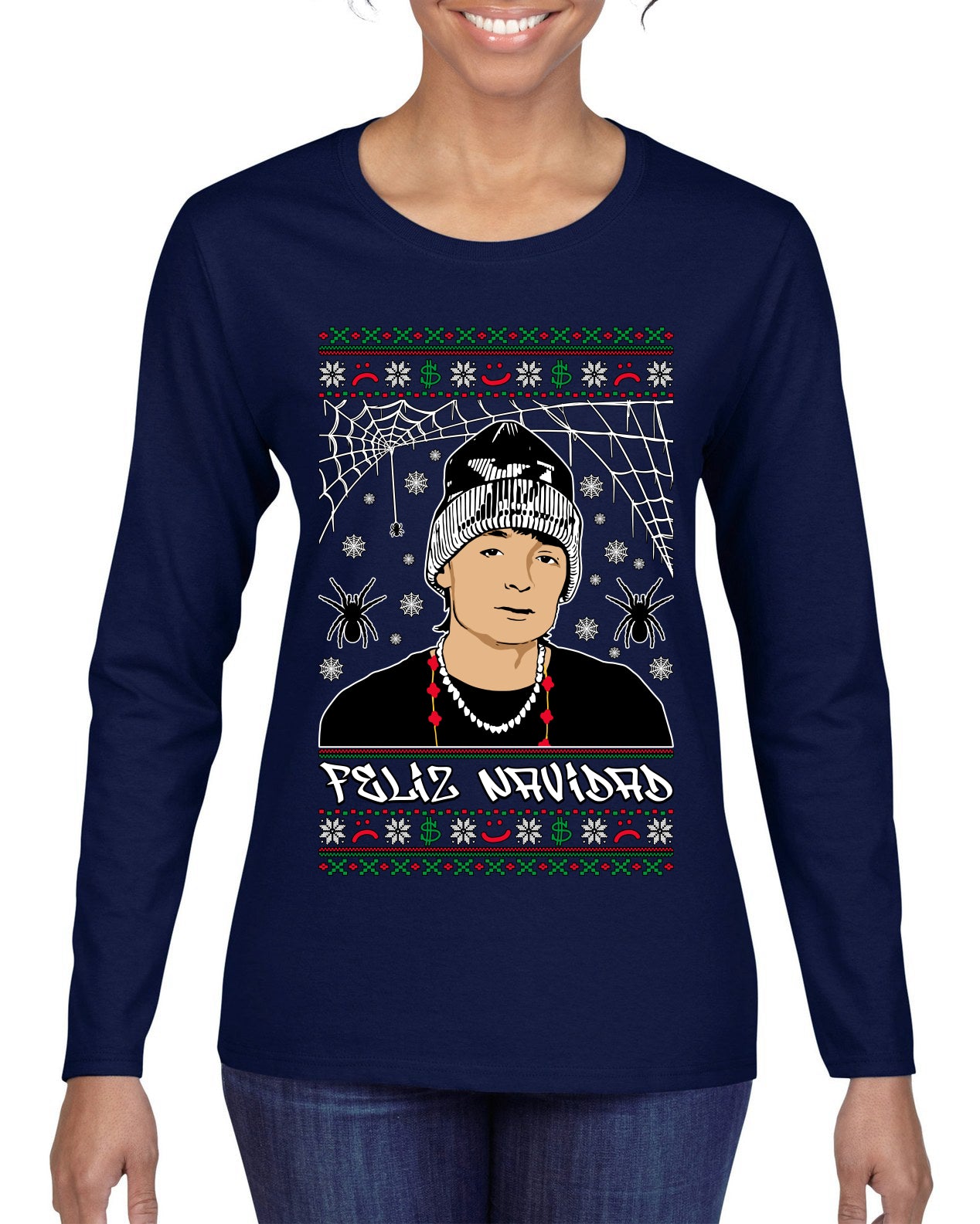 Peso Feliz Navidad Pluma, Feliz Navidad,  Christmas Gifts, Funny Xmas Gift Idea, Ugly Christmas Sweater Womens Graphic Long Sleeve T-Shirt