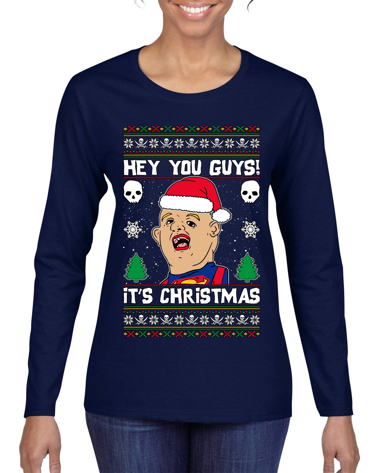Hey You Guys! It's Sloth Never Say Die, Christmas Gifts, Funny Xmas Gift Idea, Ugly Christmas Sweater Womens Graphic Long Sleeve T-Shirt
