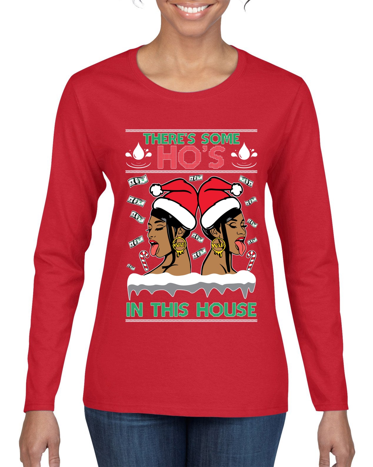 Woman Rapper Ho's In This House, Christmas Gifts, Funny Xmas Gift Idea, Ugly Christmas Sweater Womens Graphic Long Sleeve T-Shirt