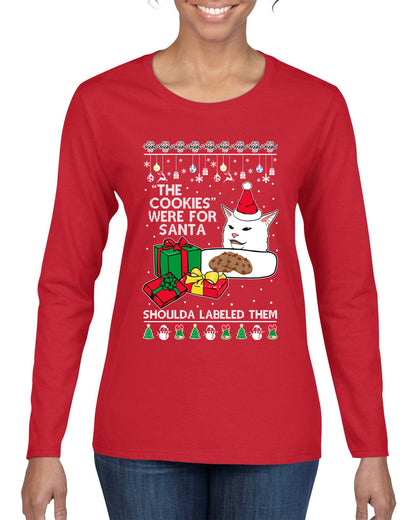Cat Meme The Cookies Were For Santa Cute Xmas Meme, Christmas Gifts, Funny Xmas Gift Idea, Ugly Christmas Sweater Womens Graphic Long Sleeve T-Shirt
