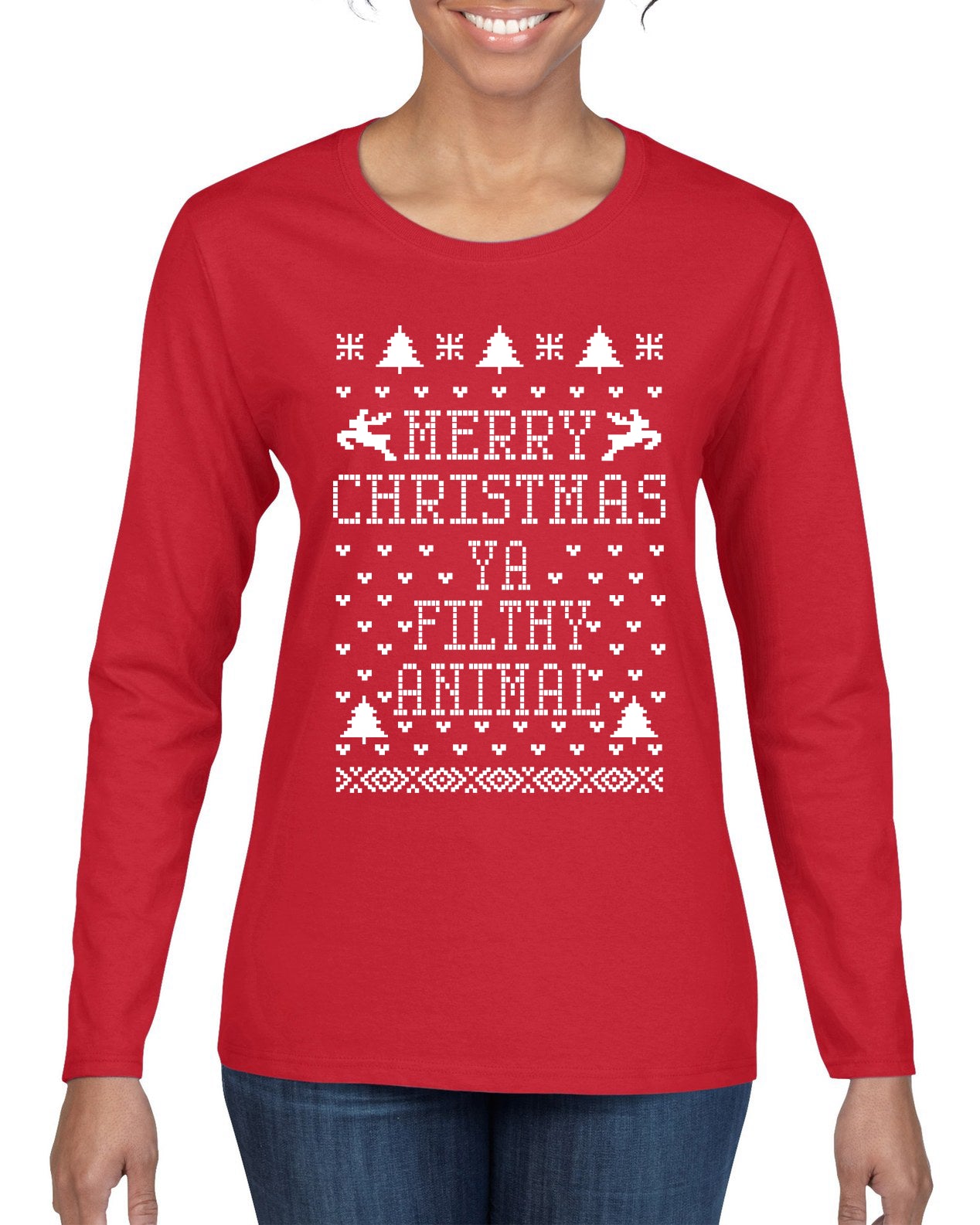 Merry Xmas You Filthy Animal, Christmas Gifts, Funny Xmas Gift Idea, Ugly Christmas Sweater Womens Graphic Long Sleeve T-Shirt
