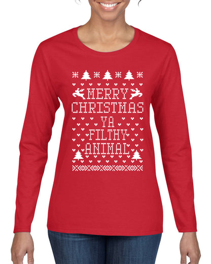 Merry Xmas You Filthy Animal, Christmas Gifts, Funny Xmas Gift Idea, Ugly Christmas Sweater Womens Graphic Long Sleeve T-Shirt